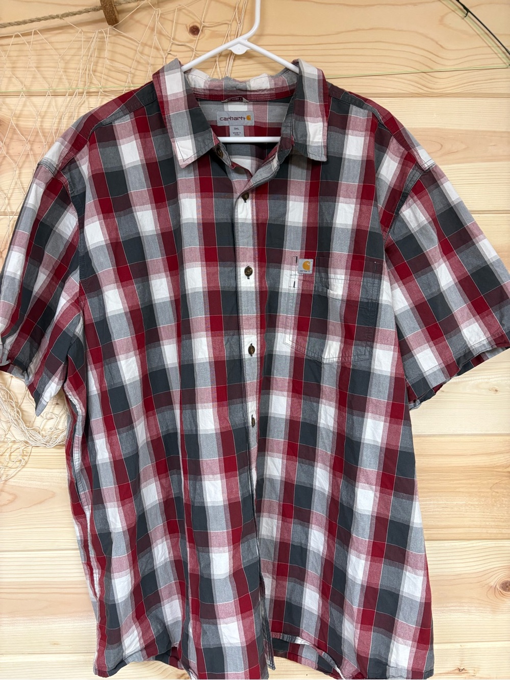 Carhartt Red, Gray & White Plaid Short-Sleeve Button-Down Shirt